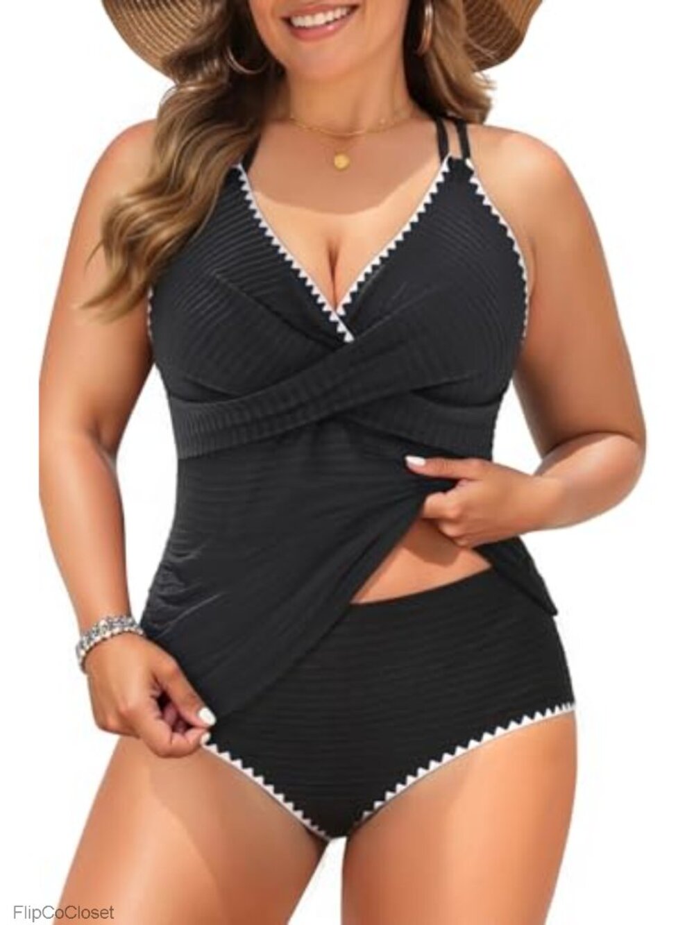 Plus Size Ribbed Tankini Set Tummy Control Two Piece Bathing Suit